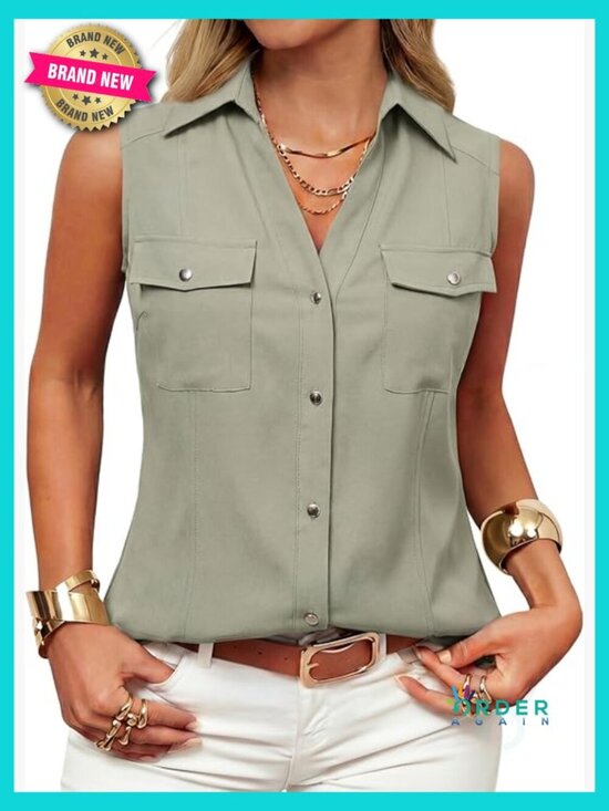 Tops - Sleeveless Button Down Blouse V-Neck Chic Minimal Business Casual Office Wear